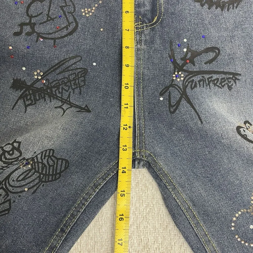 Hello Kitty Girls L Wide Leg Graffiti Art Rhinestone Blue Denim Jeans **READ**